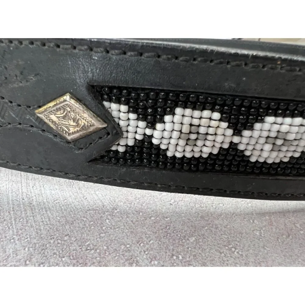 Black Leather Belt With‎ Beaded Southwestern Pattern & Silver Buckle Western